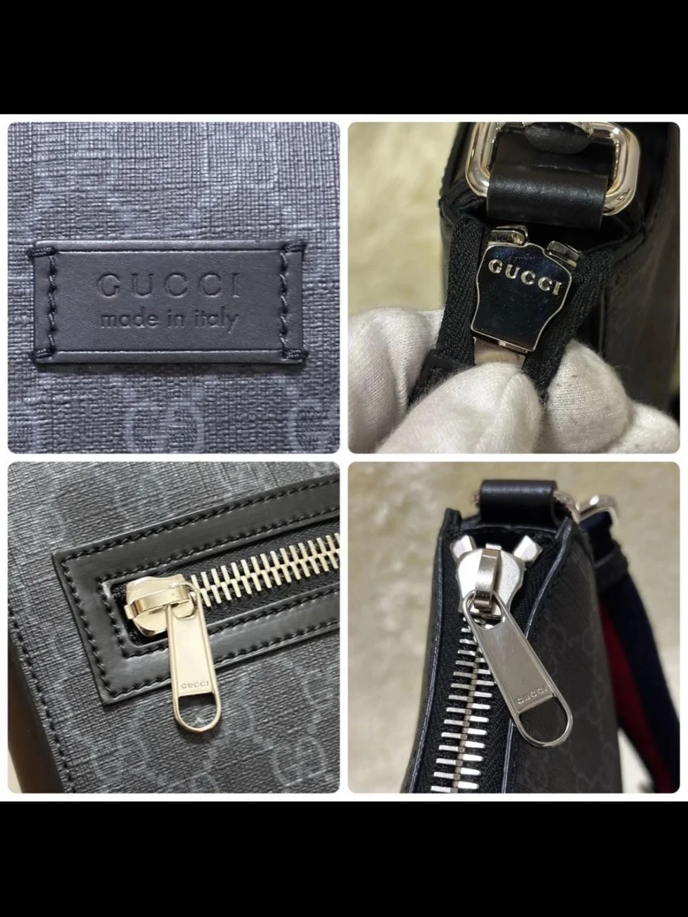 Gucci Black GG Supreme Messenger Bag with Navy & Red Web Strap